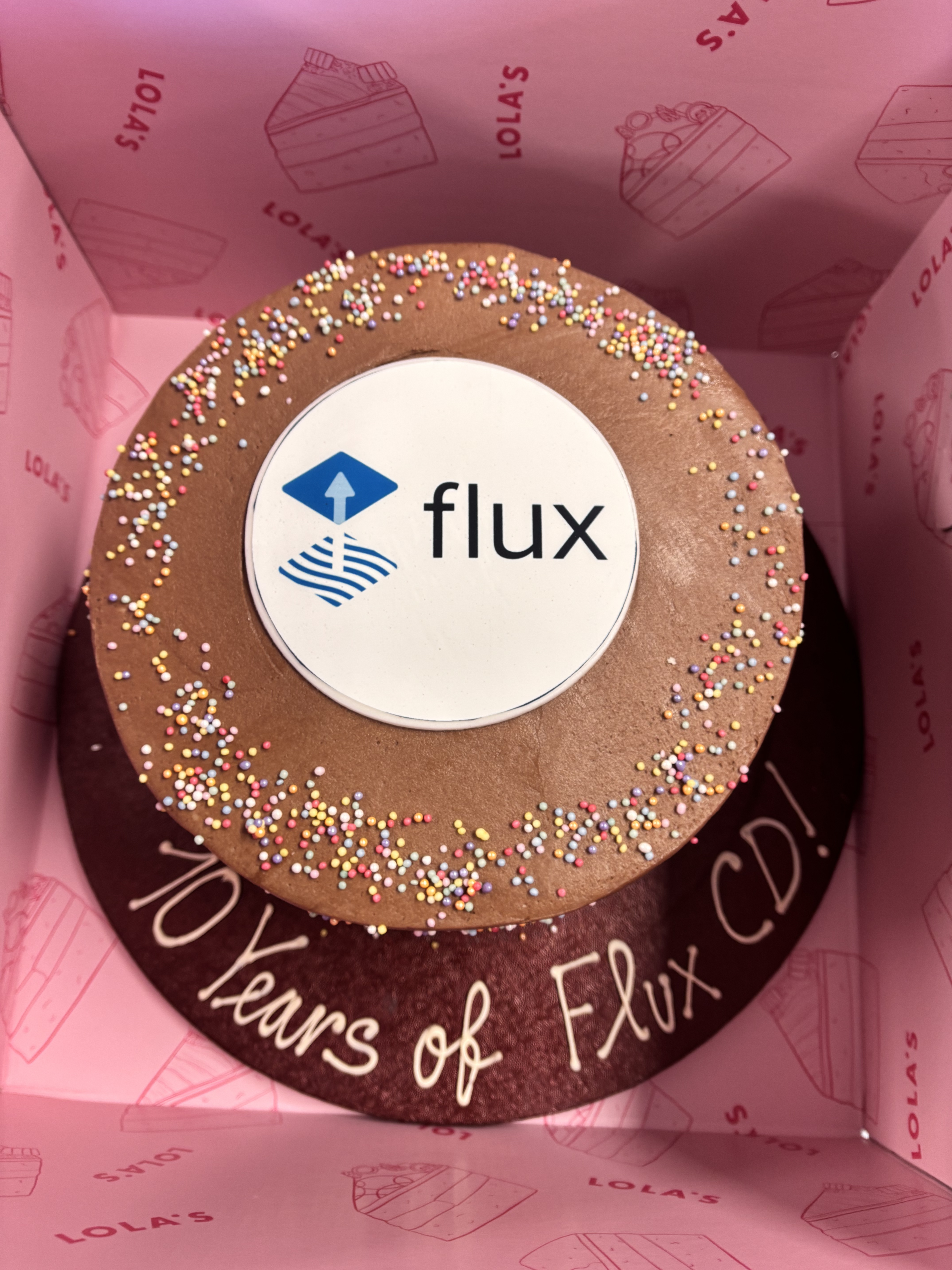 A circular cake with sprinkles and the Flux logo in a pink box