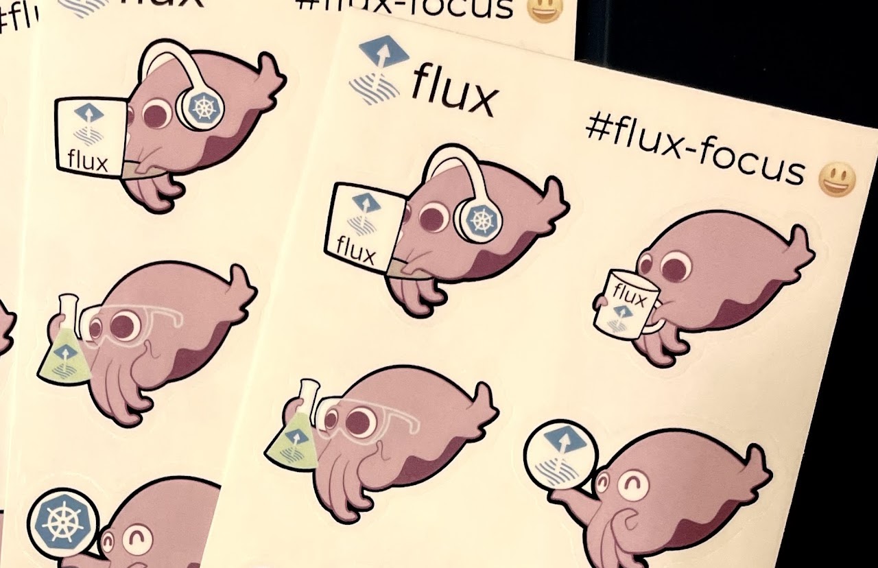Custom printed stickers with cuttlefish mascot and Flux logos